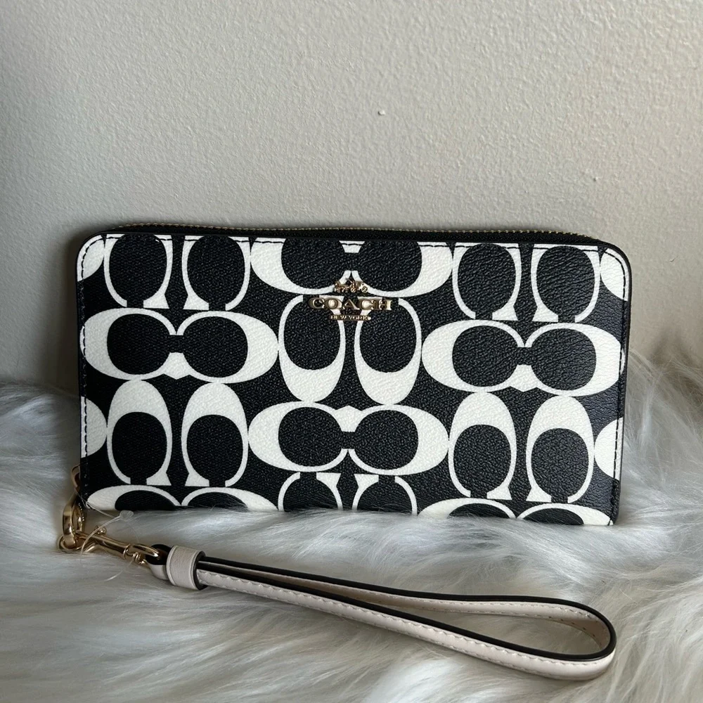 Coach Large‎ Phone Wallet Black White Signature Canvas Leather CP409 NEW